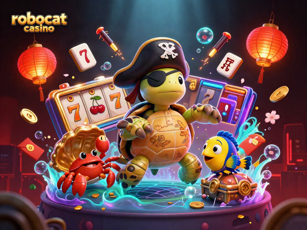 Experience the thrill of robocat casino with vibrant characters and dynamic game elements swirling around.