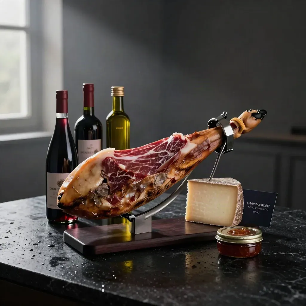 Lote ibérico con jamón, vino, aceite y queso sobre fondo oscuro y elegante.