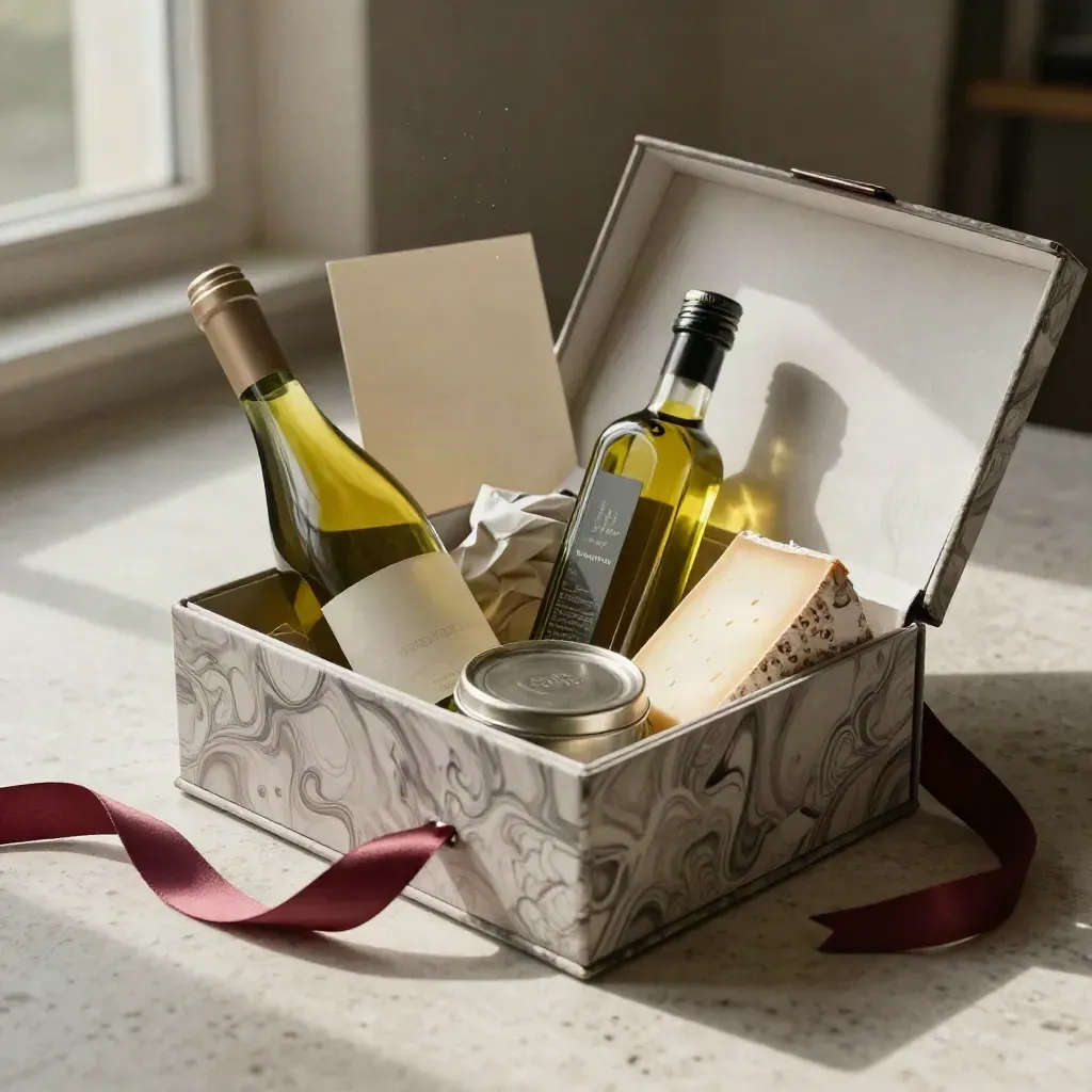 Caja gourmet abierta con vino, aceite, queso y conserva sobre piedra clara, estilo elegante y cálido.