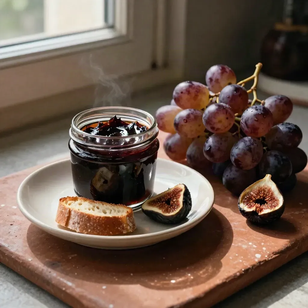 Tarro de paté al Pedro Ximénez con quenelle, tostadas, higos y uvas sobre cerámica.