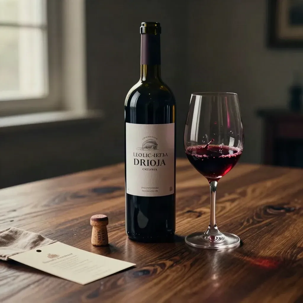 Botella de vino tinto y copa girando sobre mesa de roble, con corcho y luz dramática.
