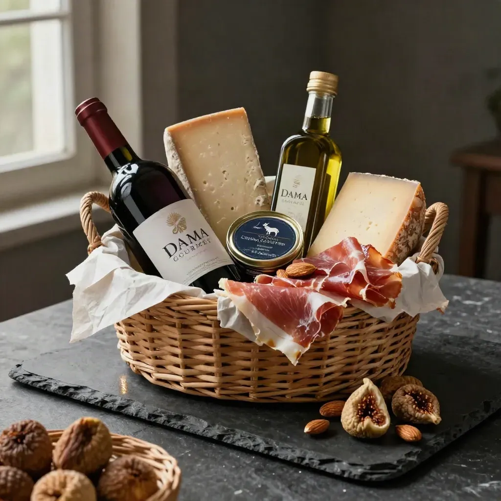 Cesta regalo gourmet abierta con vino, queso, conserva, aceite, jamón y fruta seca sobre piedra oscura