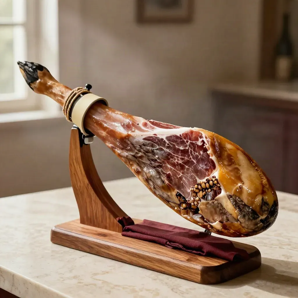 Jamón ibérico entero sobre soporte de madera, con corte brillante y fondo cálido desenfocado.
