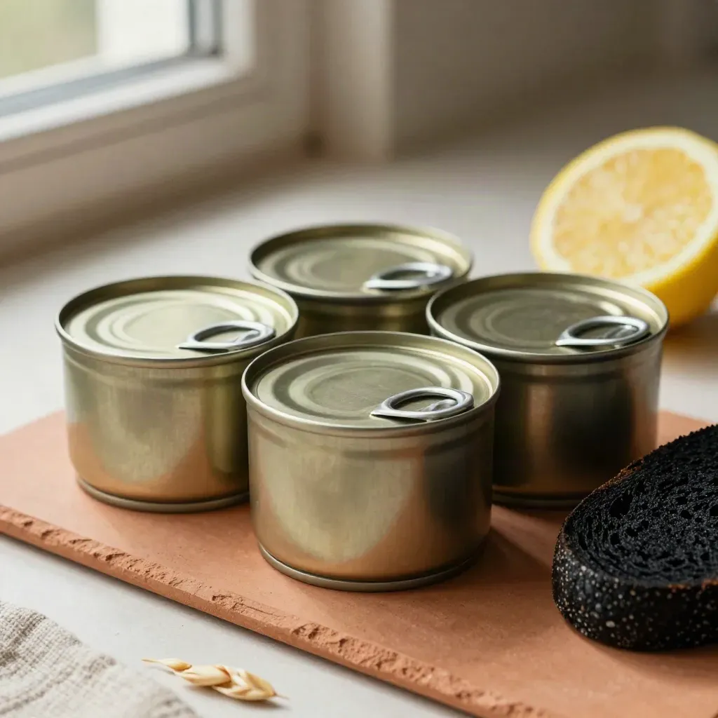Cuatro latas de conservas con limón y pan negro sobre lino, en una escena de estudio elegante.