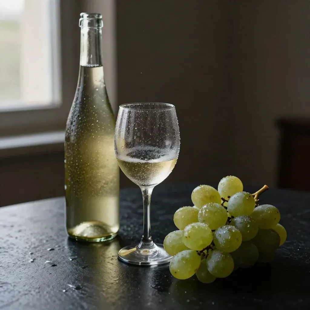 Botella de albariño joven sirviéndose en copa fría con uvas verdes y cubitera mínima.