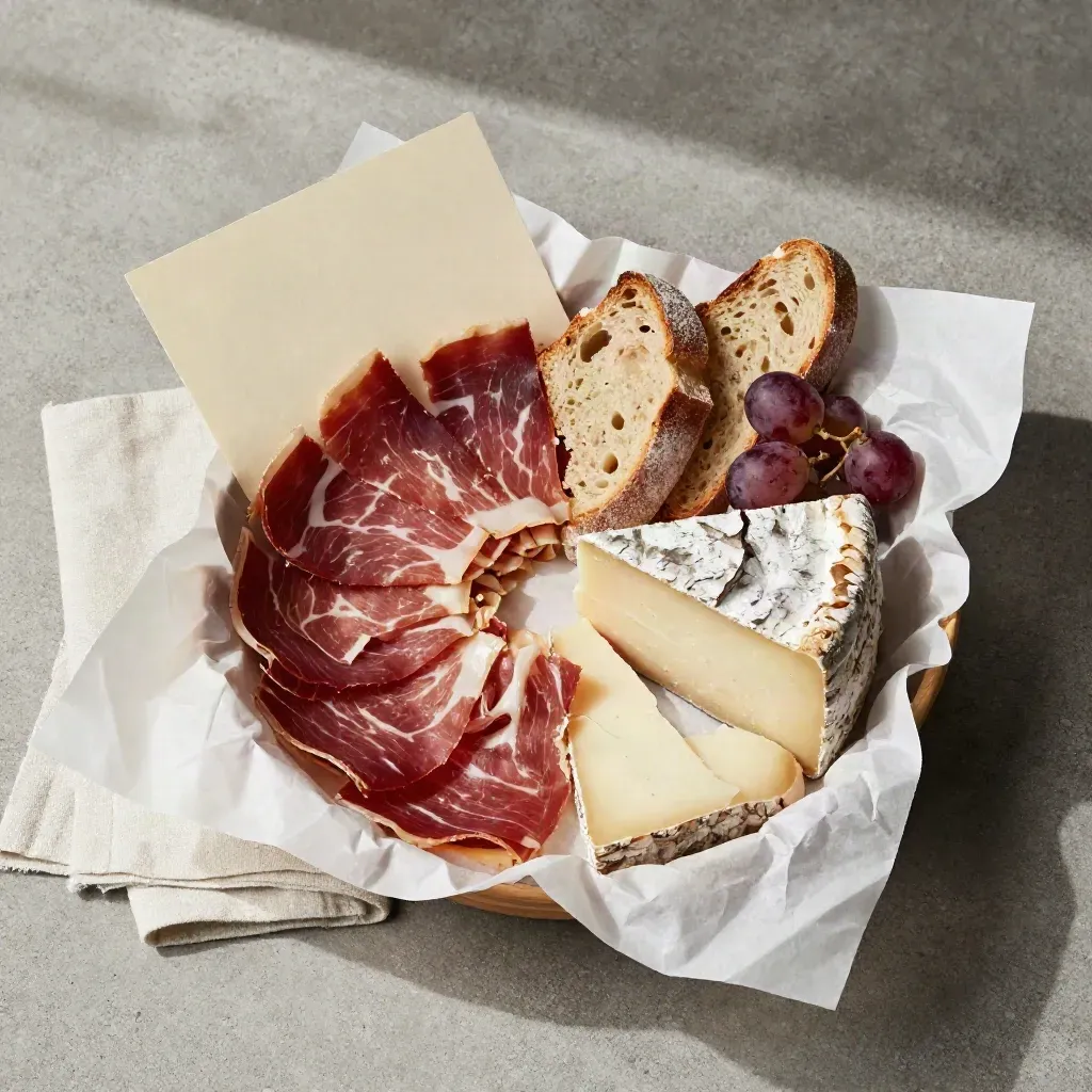 Cesta gourmet con jamón, queso curado, pan rústico y uvas sobre papel crema