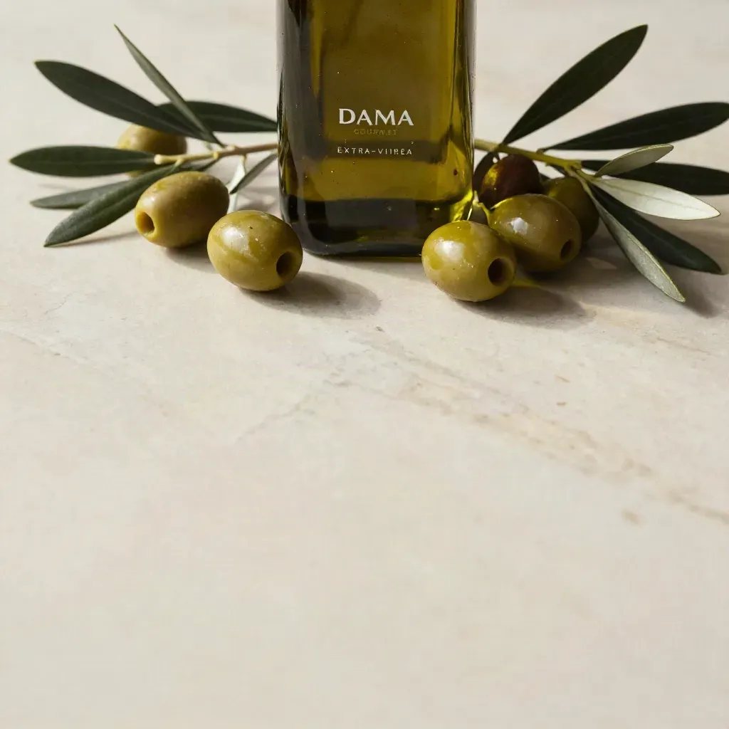 Botella de aceite de oliva con aceitunas y ramas sobre mármol crema.