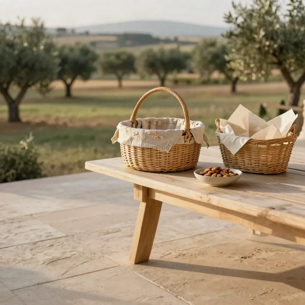 Terraza dorada con cestas de mimbre, lino crema, mesa de madera y campo abierto al fondo.