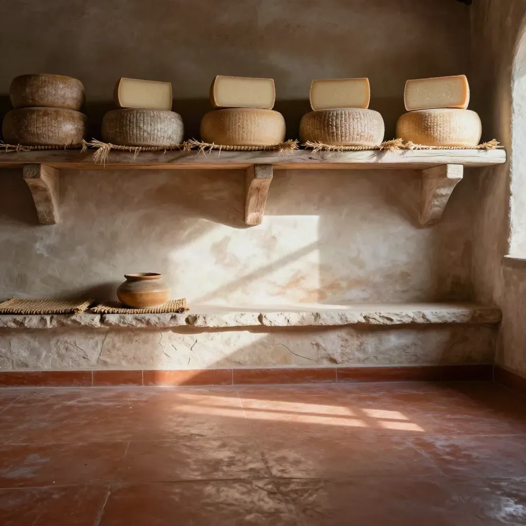 Interior de quesería de piedra con quesos artesanos arriba y suelo vacío abajo, luz cálida lateral.
