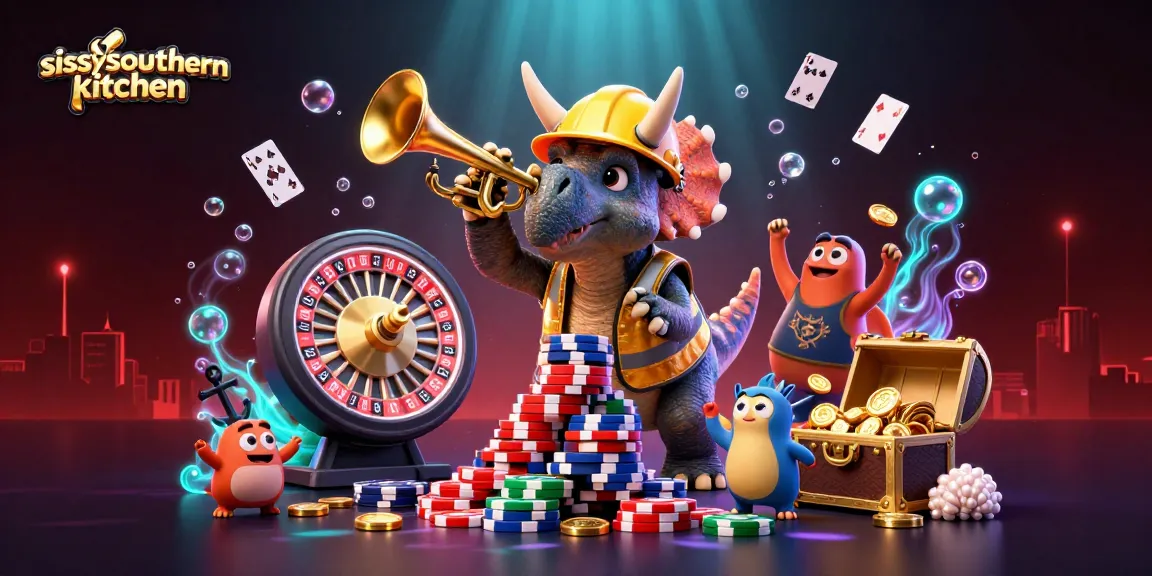 Sissy's Southern Kitchen showcases a vibrant casino scene with triceratops celebrating in gambling excitement.