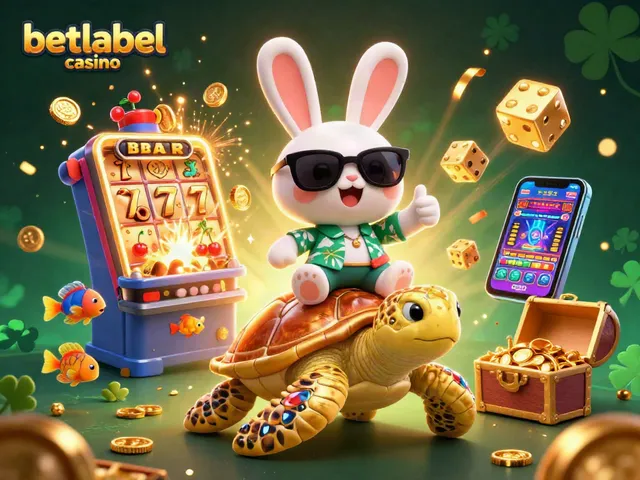 Play exciting games at betlabel casino with a lucky rabbit and giant sea turtle under a vibrant scene.