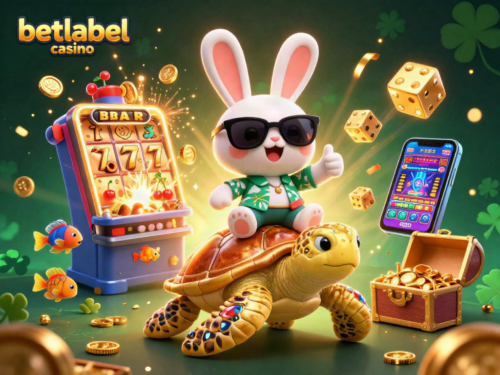 Play exciting games at betlabel casino with a lucky rabbit and giant sea turtle under a vibrant scene.