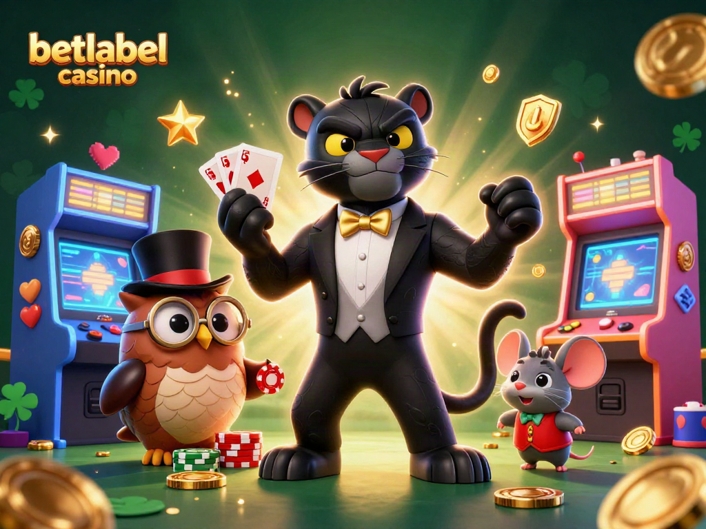 Experience thrill at betlabel casino with a stylish panther dealer, wise owl, and lucky mouse.