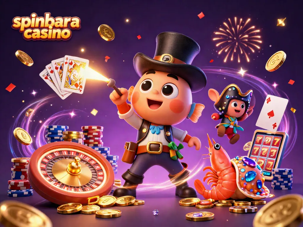 Win big at spinbara casino with 3D characters and casino elements in a vibrant scene.